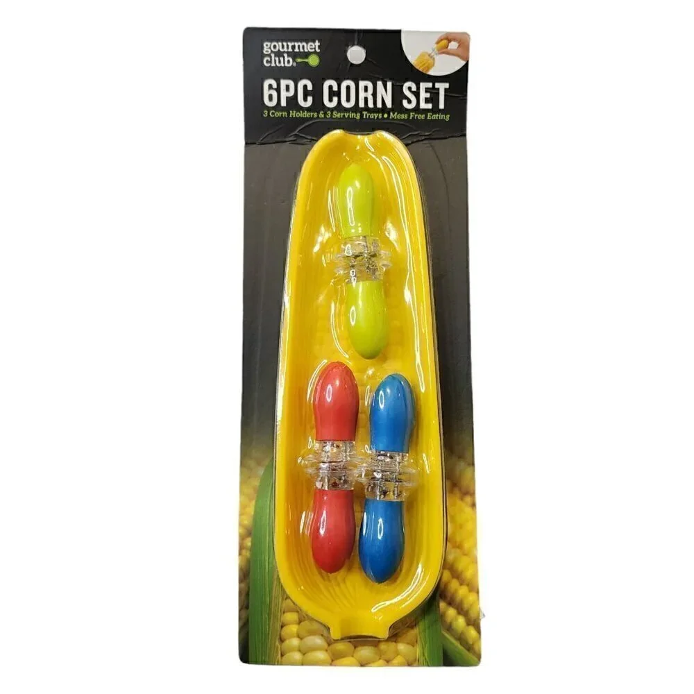 Gourmet Club 6 Pc Corn Set 3 Corn Holders‎ & 3 Serving Trays